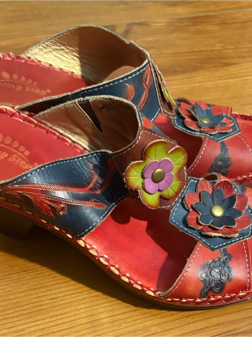 Spring Step Women’s  Red Floral Leather Sandals with Multicolor Flower Appliqué